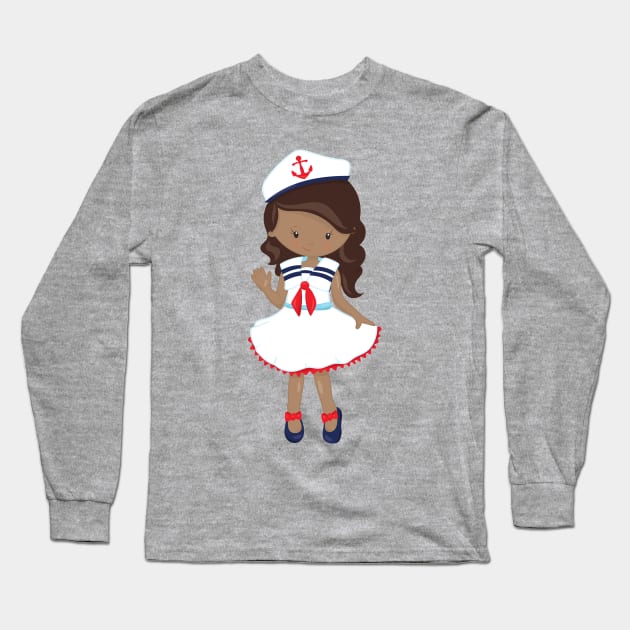 African American Girl, Boat Captain, Skipper, Sea Long Sleeve T-Shirt by Jelena Dunčević